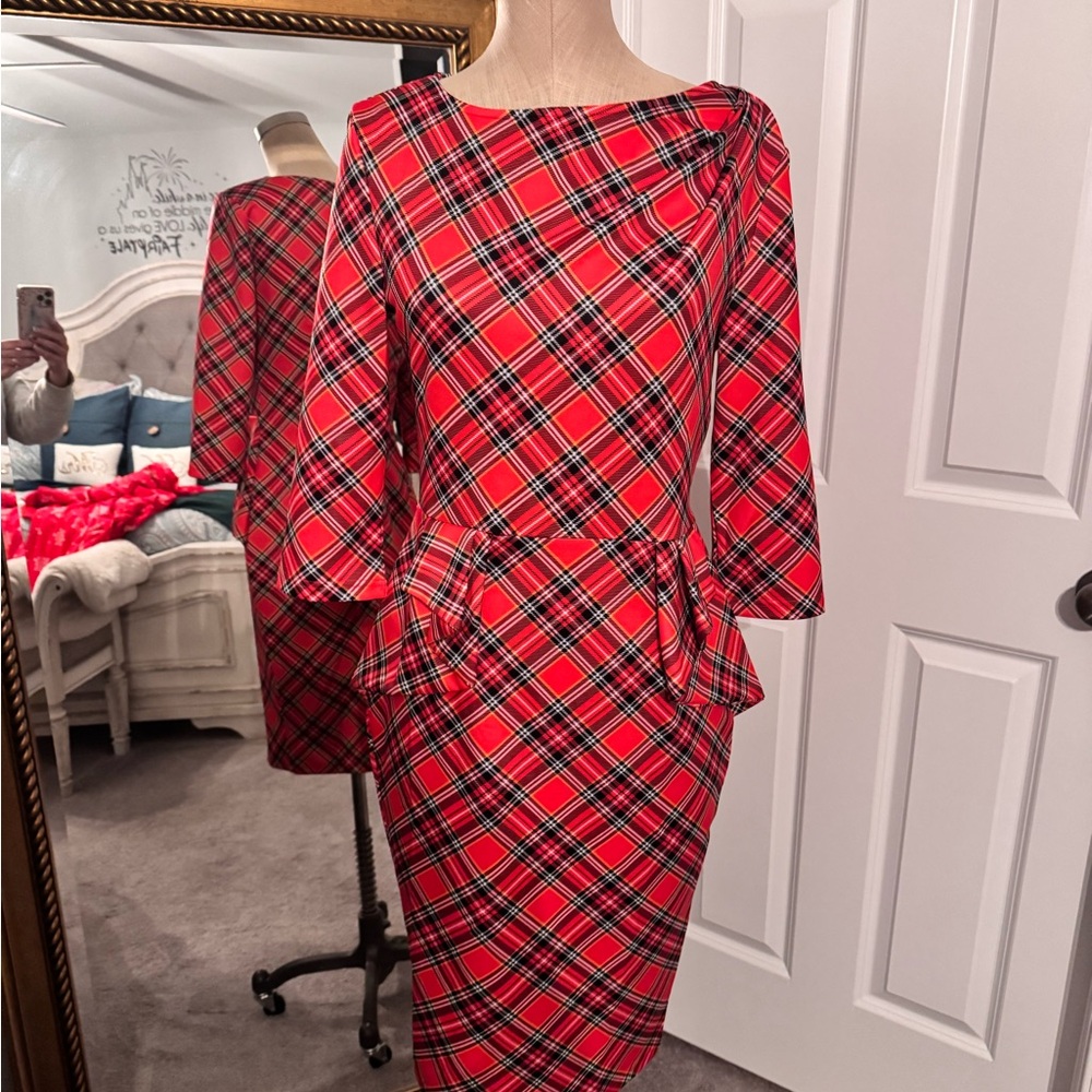 Plaid Long Sleeve Dress - Red holiday Christmas
